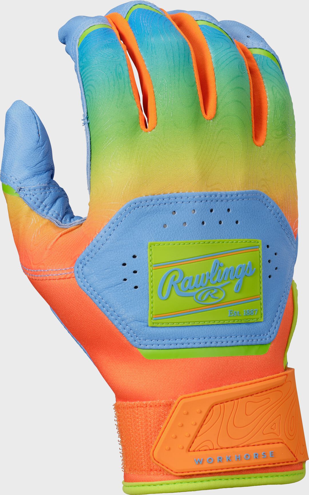 Rawlings Workhorse Columbia Blue/Orange Adult Fun Burst Batting Gloves
