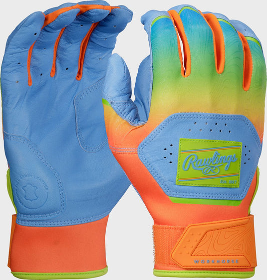 Rawlings Workhorse Columbia Blue/Orange Youth Fun Burst Batting Gloves
